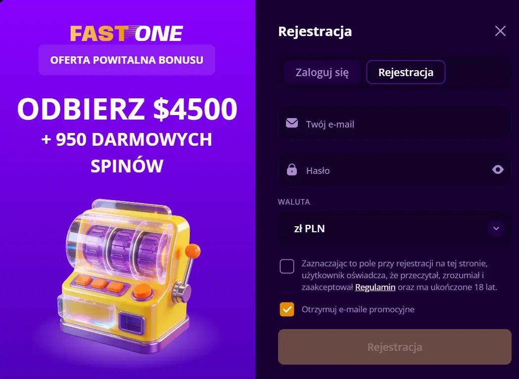 Formularz rejestracji nowego konta gracza na oficjalnej stronie F1 Casino