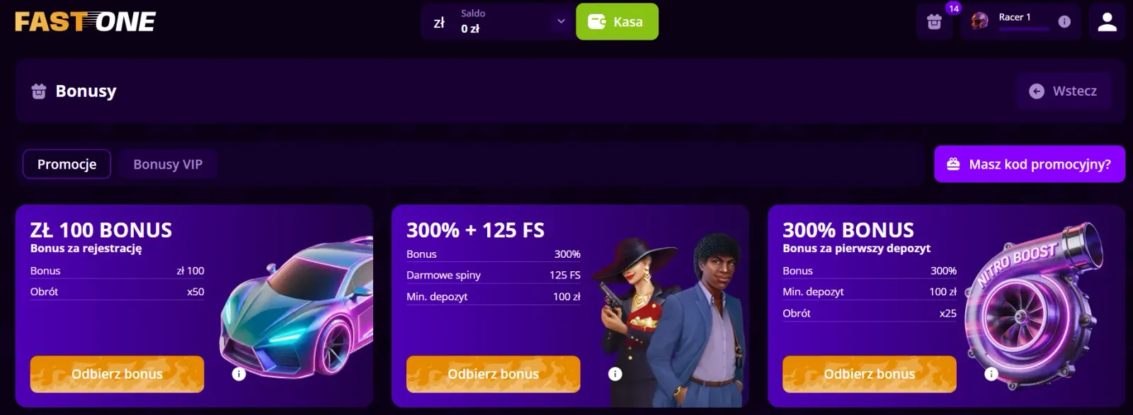 Sekcja promocji i bonusów powitalnych dla graczy w kasynie F1 Casino